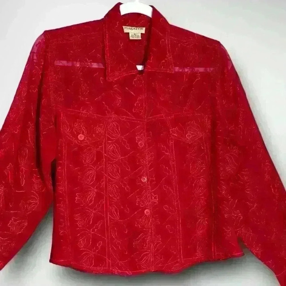 Women’s Sheer Red Button Down Blouse Decorative Embroidery Two Pocket Size M - Picture 3 of 8